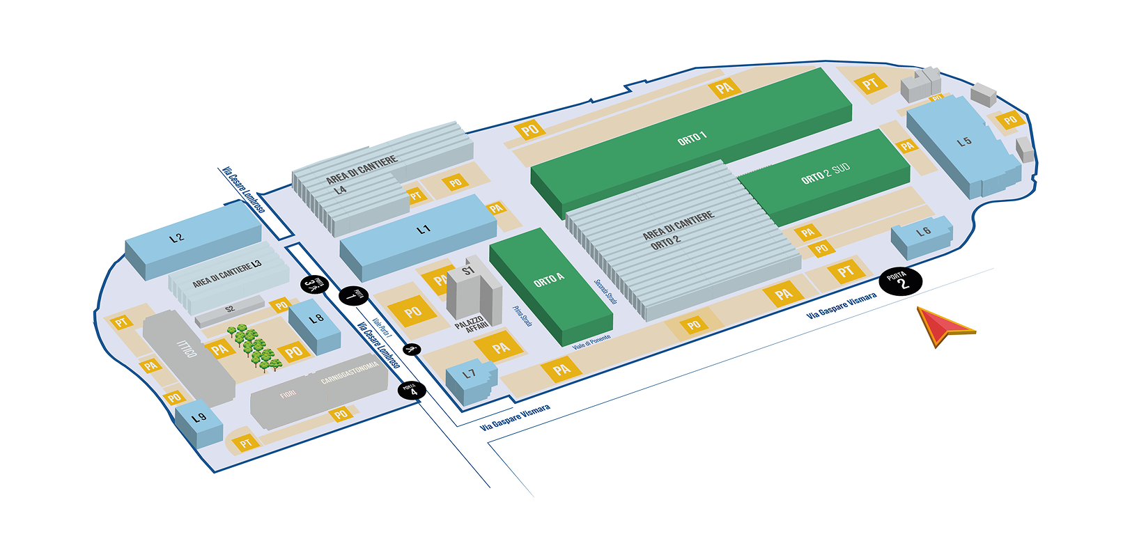 Mappa del comprensorio del Mercato Agroalimentare Milano con edifici e aree di servizio