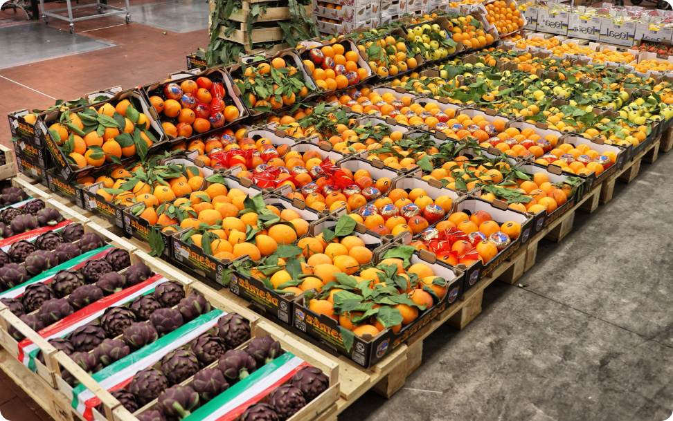 Cassette di agrumi e carciofi esposte su bancali nel mercato ortofrutticolo